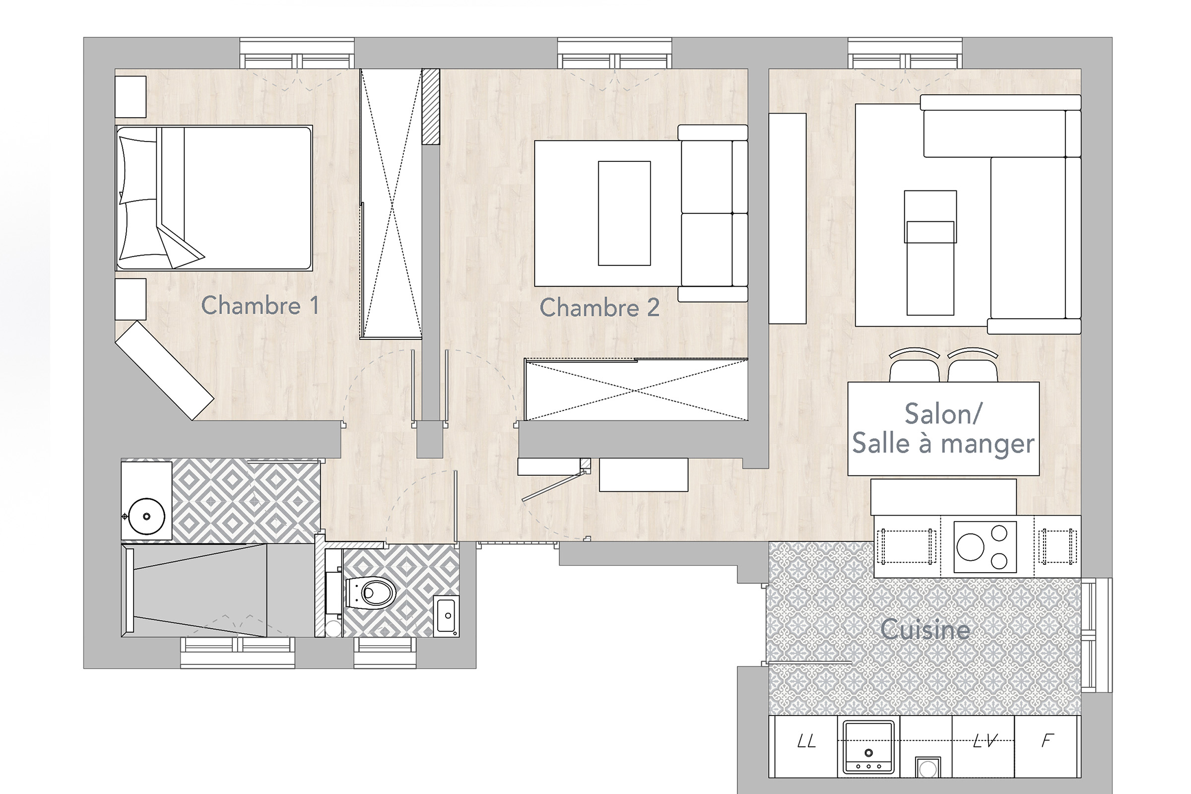Plan projeté du réaménagement de l’appartement à Paris 15